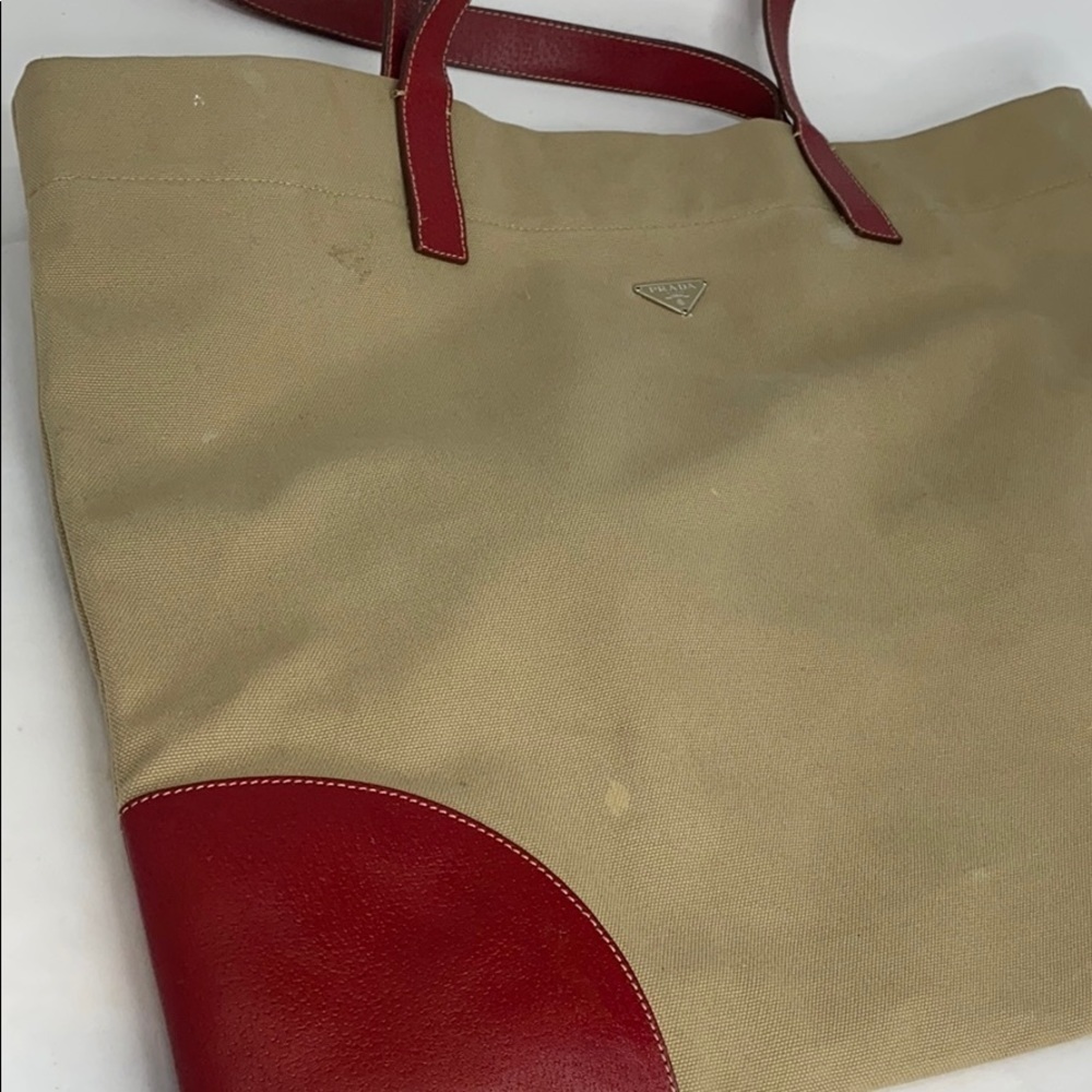 Prada Large Beige Canvas Red Leather Shoulder Tote - Picture 15 of 15